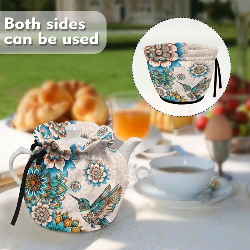 Mintulipy Tea Cosy Teapot Protective Cover Bohe Flower Hummingbirds Insulated Tea Kettle Dust Cover for Teapots Breakfast Pot Tabletop Kitchen Accessories Tea Pot Covers Only - Image 3
